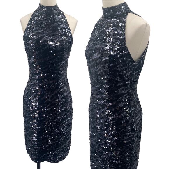 Vintage 90s Lillie Rubin Silk Sequined Mini Dress High Neck Sleeveless Womens 8 - Picture 1 of 11